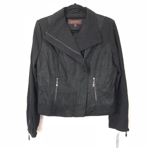 Hal Rubenstein Black Genuine Suede Leather Knit Moto Jacket Asymmetrical Size M - Picture 2 of 9